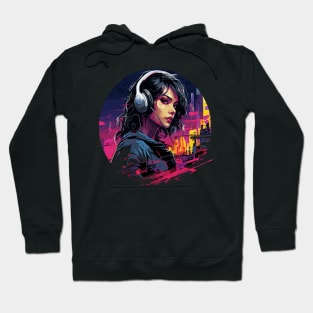 Cyberpunk Neon Woman in Headphones listening to music Hoodie